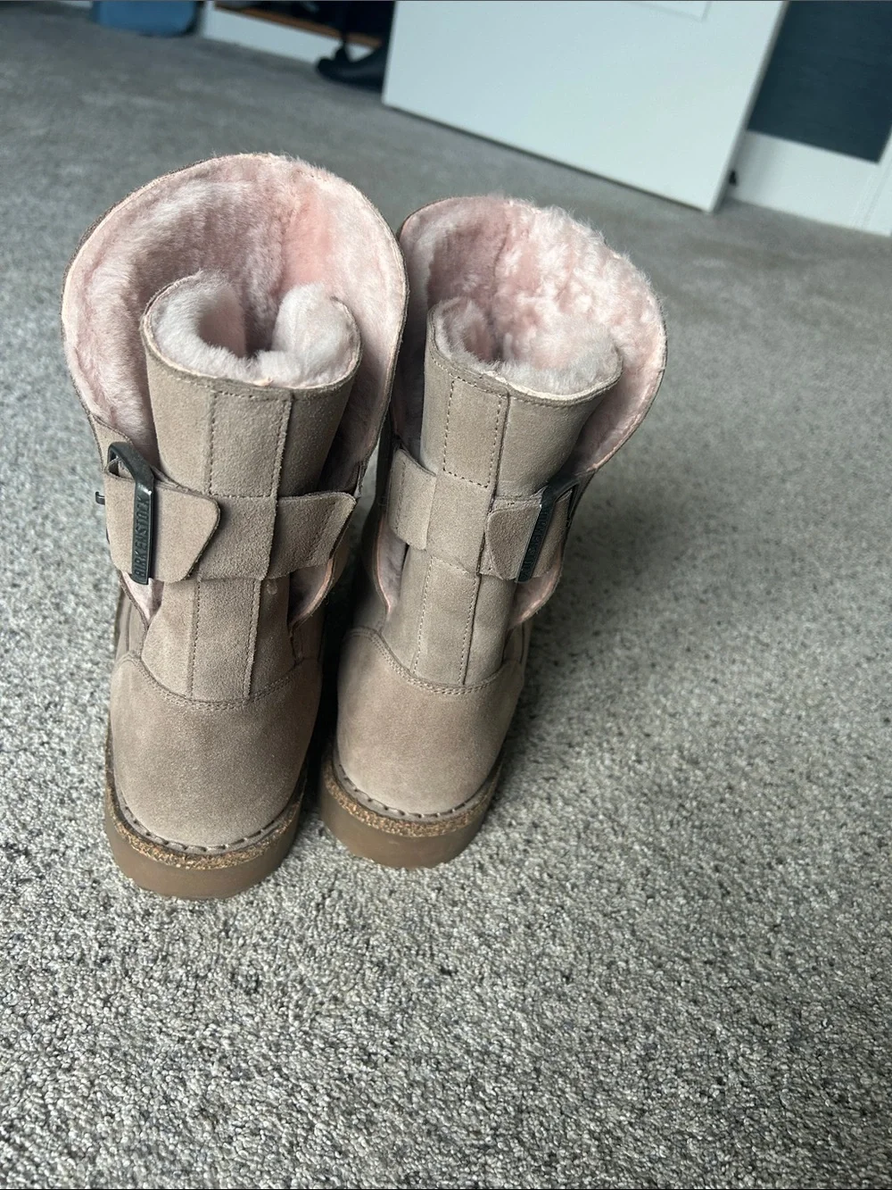 Birkenstock Taupe Suede Ankle Boots with Pink Shearling- size 41